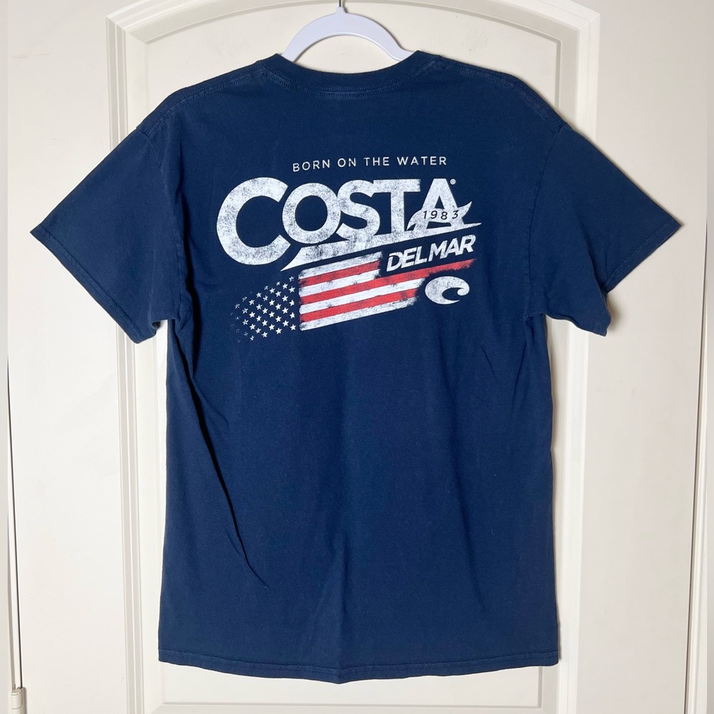 Costa Del Mar Men's T-Shirt Medium Navy Blue Born On The Water Flag Graphic Tee